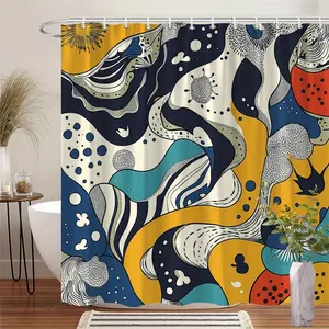 1pc Psychedelic Abstract Shower Curtain - Bold Swirling Yellow Blue Red Shapes with Dots & Lines, Dynamic Modern Art Pattern, Vibrant Boho Style Bathroom Decor, Durable Polyester Fabric, Machine Washable, 70. 86x70. 86 Inches with 12 Hooks