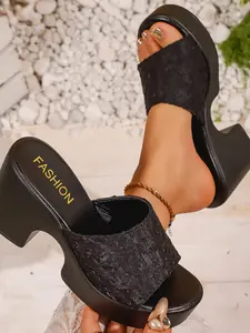 Women's Summer New Comfortable Soft Sole Chunky Heel High-Heeled Sandals, Casual Fashion PU Leather Slip-On Slippers, Elegant Footwear