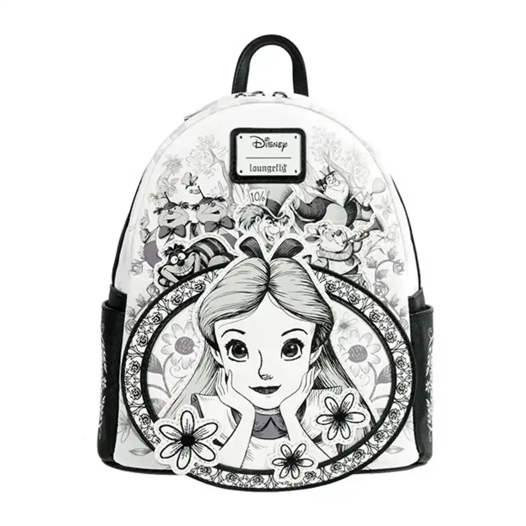 Loungefly Disney Alice in Wonderland Sketch Mini Backpack - 9” w x 10.5” h x 5.5” d, Adjustable Shoulder Strap, Debossed & Embroidery Details - Entertainment Earth EX, Graphic, Side Drop Pockets, Sketch-Style