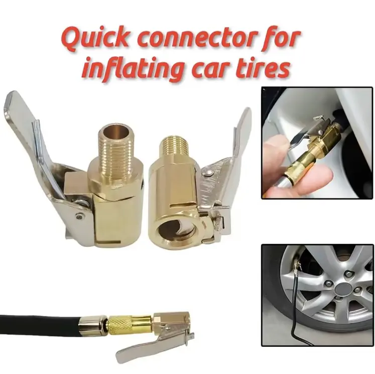 Brass locking Tire Air Chuck with Clip Adapter, Tire Repair Tyre Valve Tools with Built-In On/Off Switch Valve, Durable Auto Inflator Hose Nozzle for Garage Maintenance, Universal Vehicle Connection
