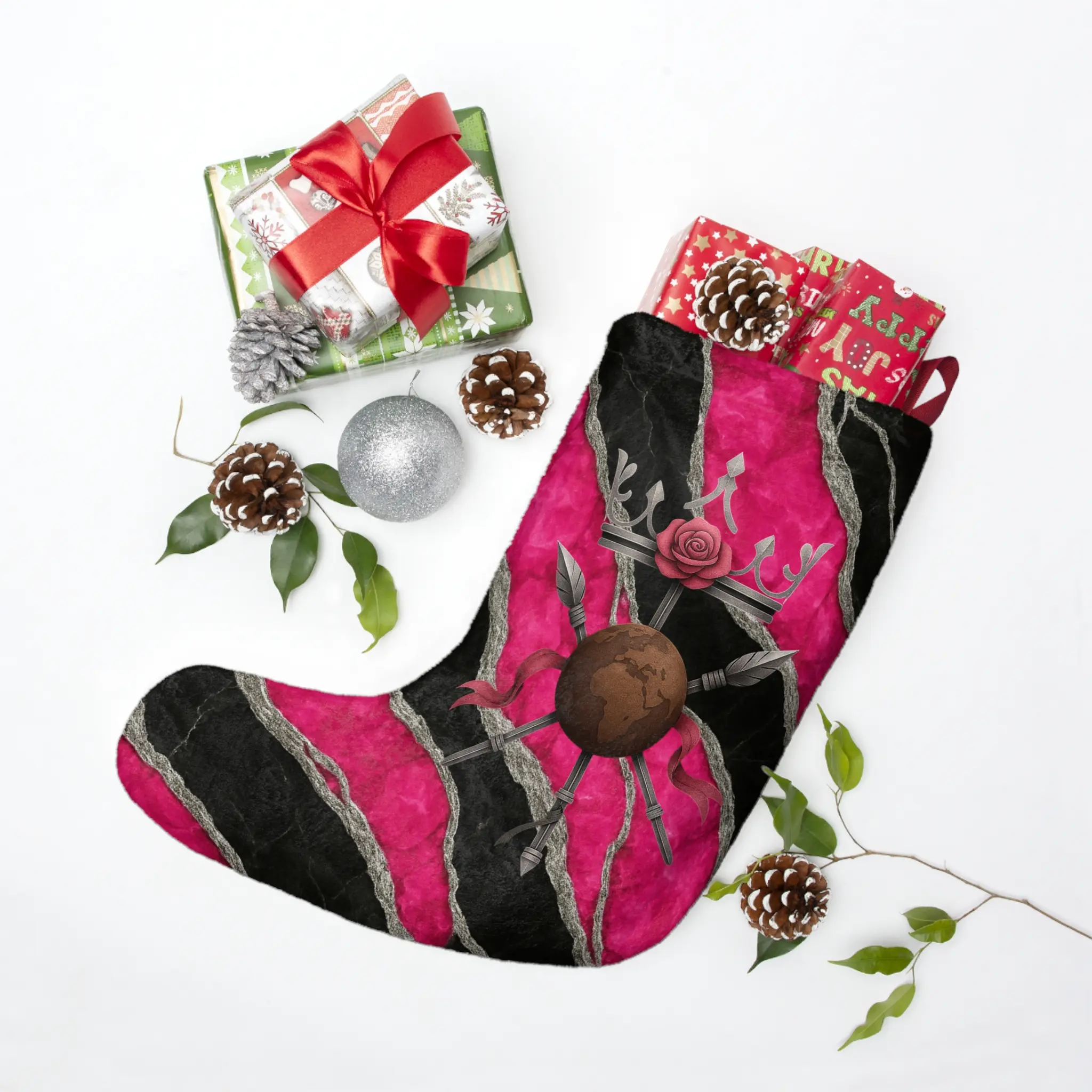 Blossoming Guard Emblem Christmas Stocking, Pink Silver & Black Marble Fantasy Holiday Décor, Luxury Plush Stocking