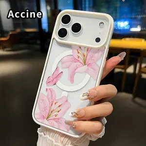Magnetic Phone case for iPhone 17 Pro Max 17 Air Pink Lily Reverie Pattern Non-Yellowing Shockproof Soft Silicone Transparent Acrylic Cover Supports Wireless Charging