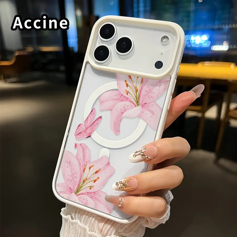 Magnetic Phone case for iPhone 17 Pro Max 17 Air Pink Lily Reverie Pattern Non-Yellowing Shockproof Soft Silicone Transparent Acrylic Cover Supports Wireless Charging