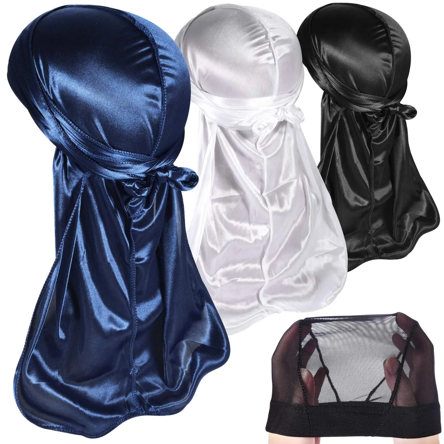 3 Pack Silky Durag Set with Black Cap, Casual Reversible Headwear for Men for Flawless Wave Results & 360 Waves - Durable with Long Tails, Secure Fit & No Forehead Marks, Prevent Forehead Marks, Silky Fabric