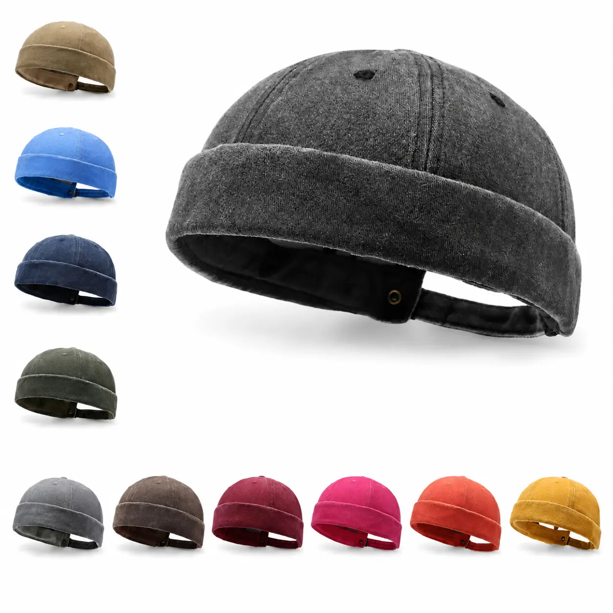 Brimless Cap with Rolled Cuff and Adjustable Back Strap, Unisex Solid Color Visorless Hat for Men and Women, Vintage Casual Headwear for Daily Travel and Outdoor Wear