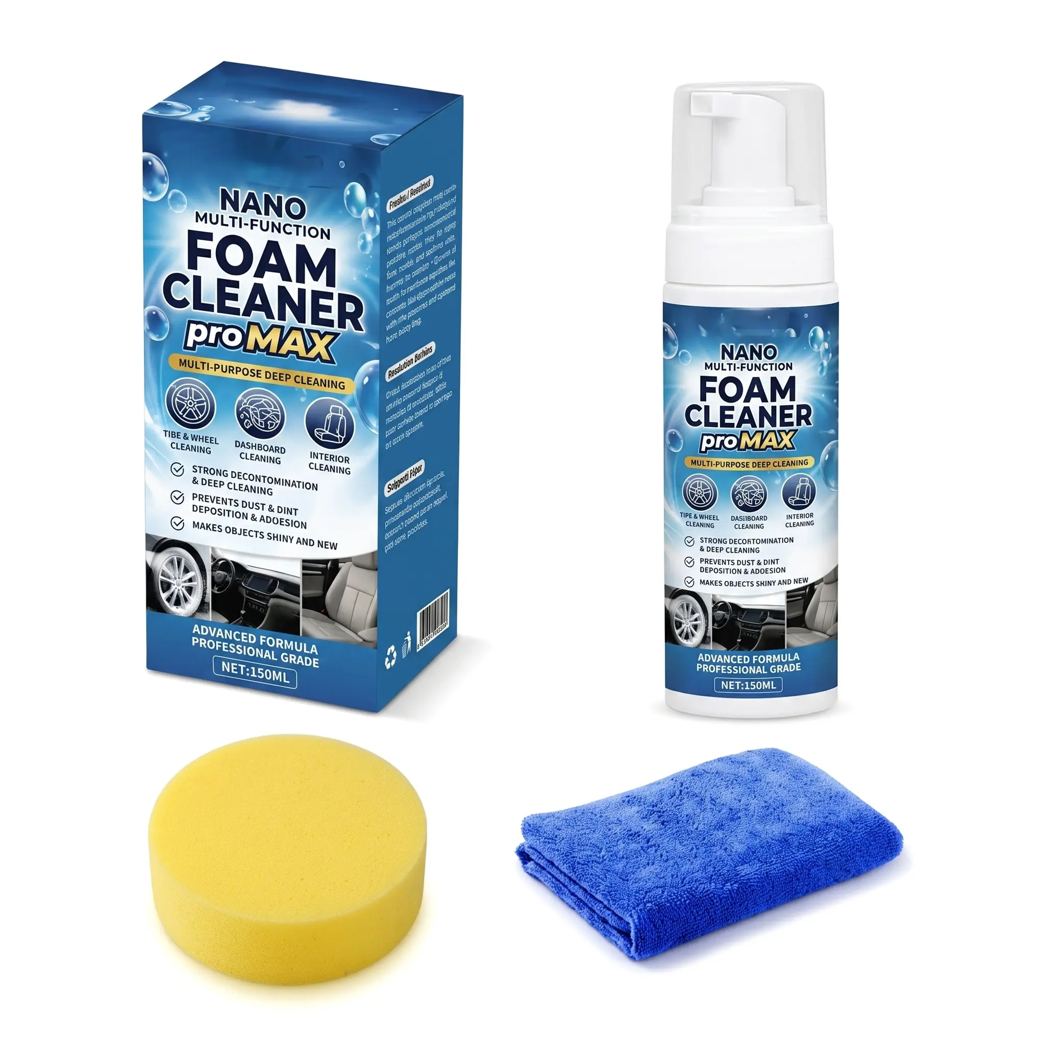 150ml Multi-Purpose Nano Foam Cleaner Pro Max, Car & Household Cleaning Kit with Sponge and Towel