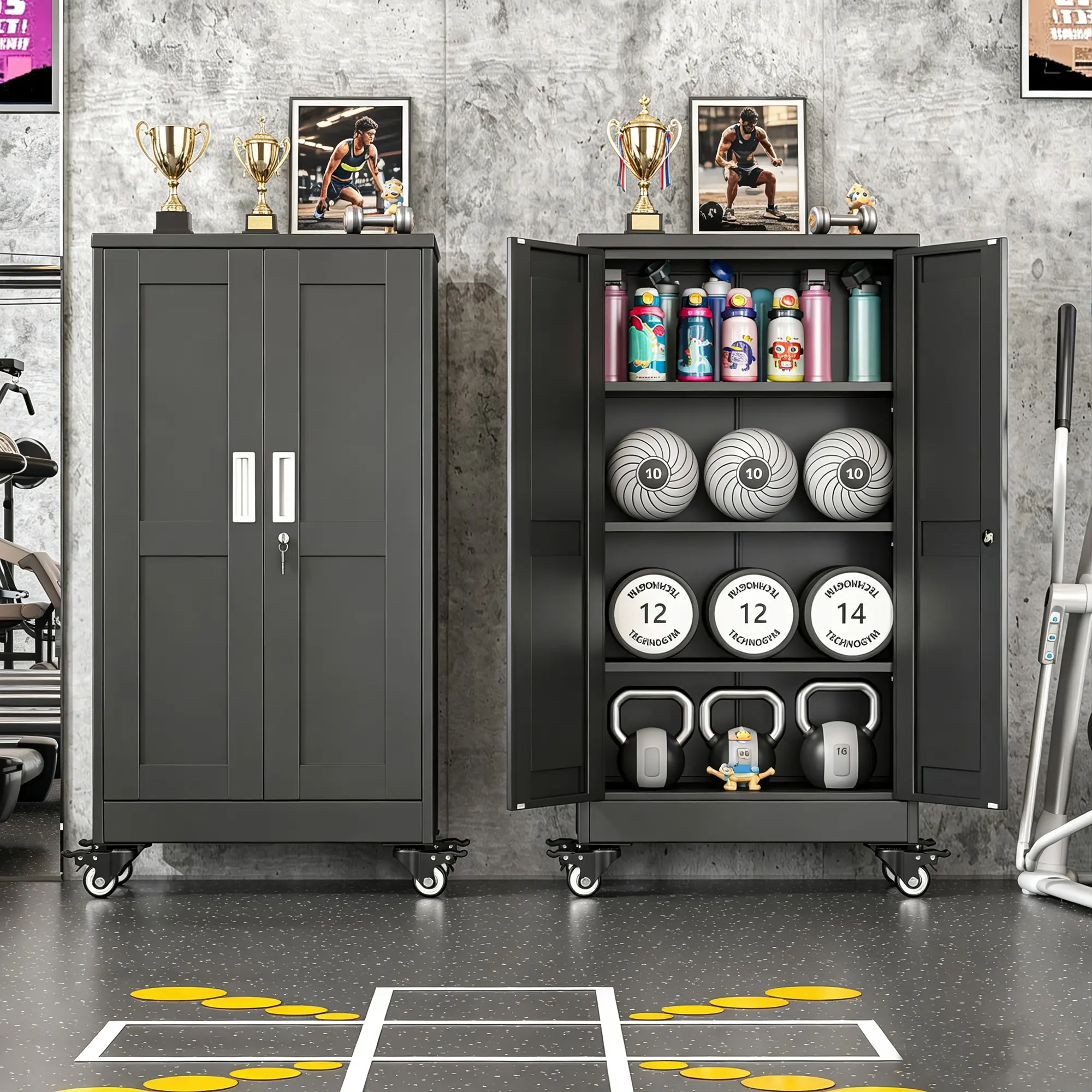45.6" Metal Garage Storage Cabinet with Wheels and Lock, Low Profile Rolling File Cabinet with 2 Doors & 3 Adjustable Shelves – Steel Tool Organizer Locker for Office, Home, Garage, Gym, School