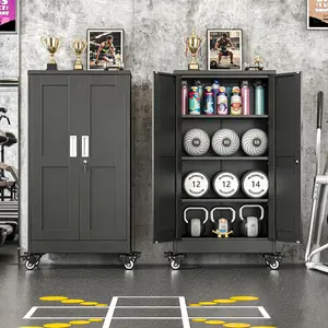 45.6" Metal Garage Storage Cabinet with Wheels and Lock, Low Profile Rolling File Cabinet with 2 Doors & 3 Adjustable Shelves – Steel Tool Organizer Locker for Office, Home, Garage, Gym, School