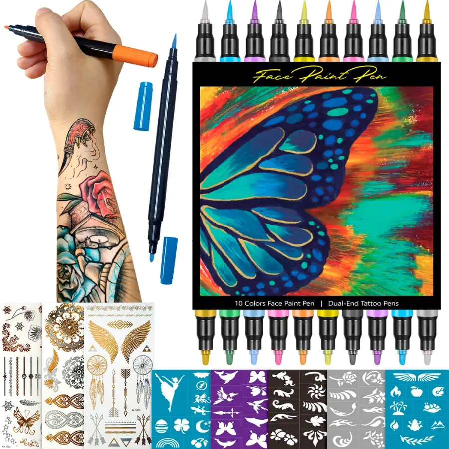 10 Color Dual Tip Temporary Skin Tattoo Markers with Stencils Washable Face & Body Paint Kit