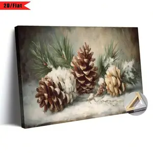 2D Flat, Winter Pine Cones & Snowy Landscape Canvas Wall Art - Rustic Wood Framed Painting With Pine Needles & Pine Cones In Brown/, - Indoor Holiday Home Decor, Thanksgiving, Halloween - Living Room, Bedroom