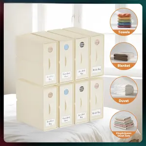 [Mega Deals]TRZZ Foldable Bedding Organizer, Fabric Storage Bins for Bed Sheets, Duvet Covers and Pillowcases, Closet Organizer, Storage Container Boxes for Blankets, Clothes (4/8 pack(Queen or King), color option Beige Grey or Black