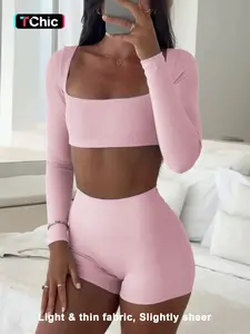 Women's Casual Sporty Long Sleeve Top & Shorts Set, Slim-Fit Thin Fabric for Fall Season, Comfortable Daily Wear Apparel, Sweatsuit Set, Sweatsuit Outfits, Sportswear Set