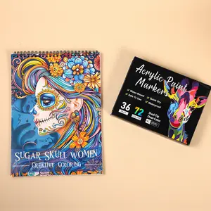 Teen Adult Relax Coloring Book Set, 24 Pages Creative Girl Art Book, 72 Color Acrylic Drawing Markers, Stress Relief, Spiral Bound, Perfect Gift