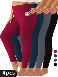 4-Pack Plus Size Sports Leggings For Women, High-Waisted Cropped Yoga Pants With Pockets, Fitness Running Compression Tights Gym Outfits Stylish Activewear leggings women flareleggings leggings pockets