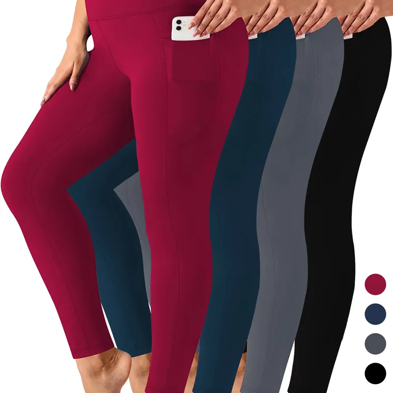 4-Pack Plus Size Sports Leggings For Women, High-Waisted Cropped Yoga Pants With Pockets, Fitness Running Compression Tights Gym Outfits Stylish Activewear leggings women flareleggings leggings pockets