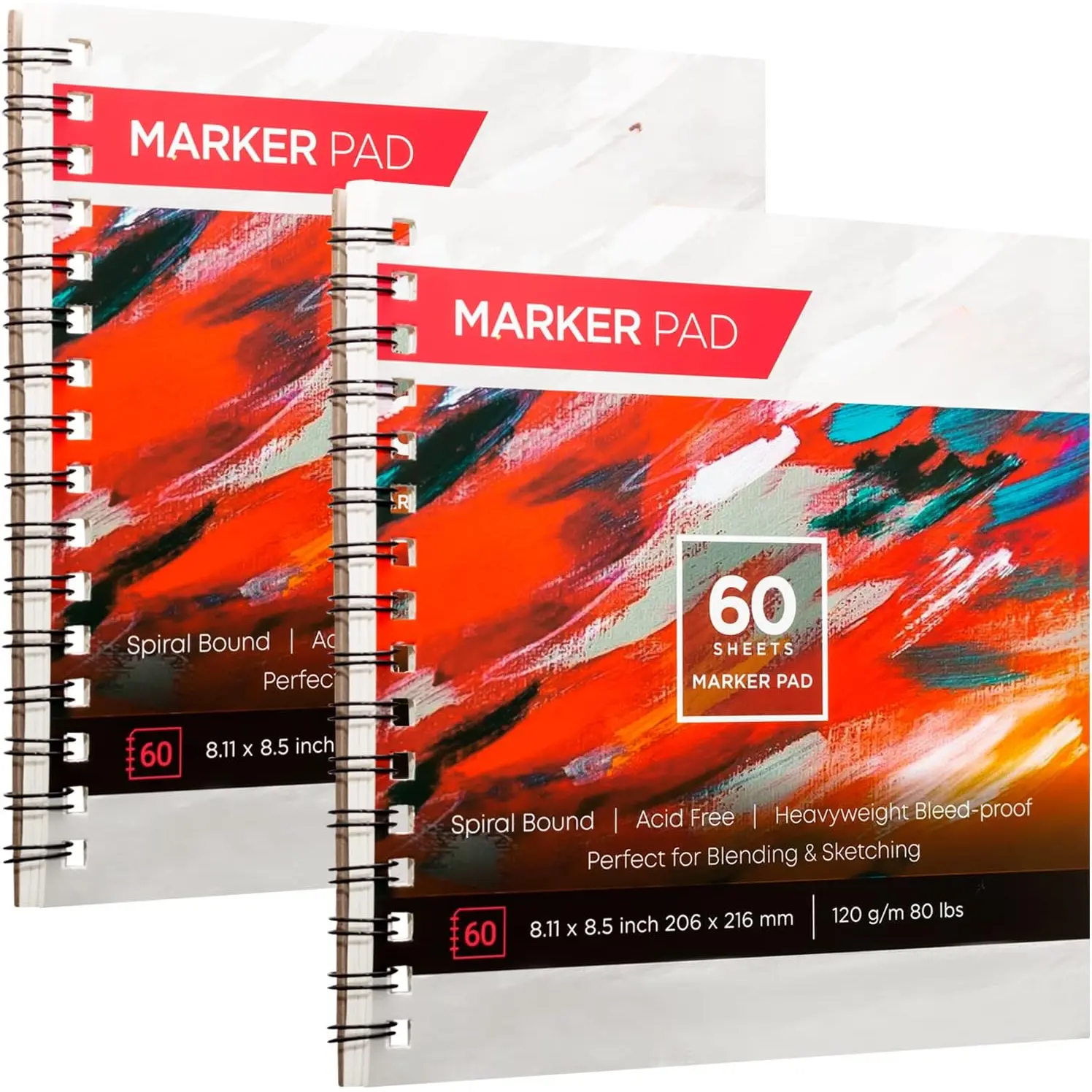 Marker Paper Sketchbook - Marker Sketchbook with Bleedproof Smooth Coated Art Paper, 120 GSM 80 LBS - Marker Pad for  Markers, Sketching, Drawing - 8.11 x 8.5 Inch | 50 Sheets, 2 Pack