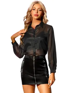 INSPIRE CHIC See Through Mesh Long Sleeve Sheer Button Up Blouse Shirt Top