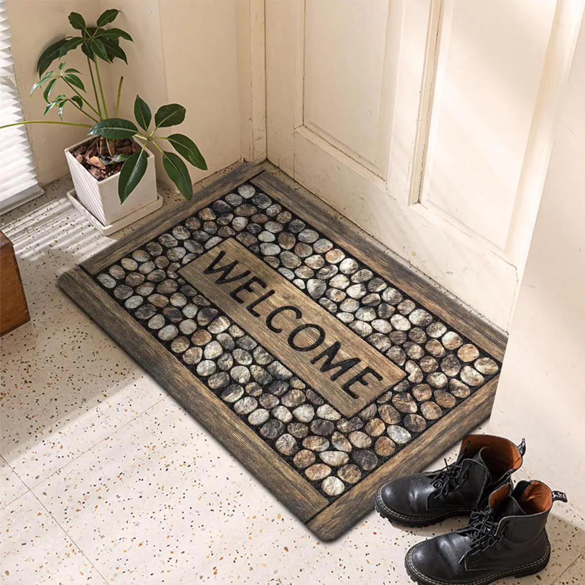 1 Piece Non-slip Bathroom Mat, Welcome & Pebble Print Door Mat, Foot Pad for Indoor Living Room Bedroom Bathroom Kitchen