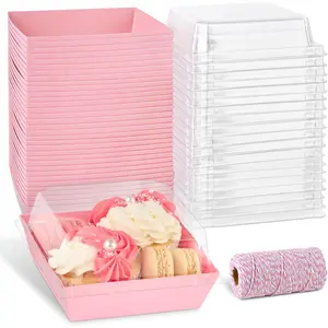 50 Pack 5 Inch Pink Paper Charcuterie Boxes with Clear Lids, Square To Go Cake Slice Containers Small Bakery Boxes for Dessert, Cookies, Sandwich, Strawberries