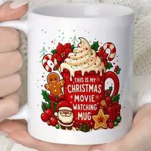 ACMALCO Christmas Movie Watching Mug - 11oz Ceramic Coffee Cup with Festive Gingerbread, Candy Canes & Snowflakes Design, Reusable & Hand Wash Only
