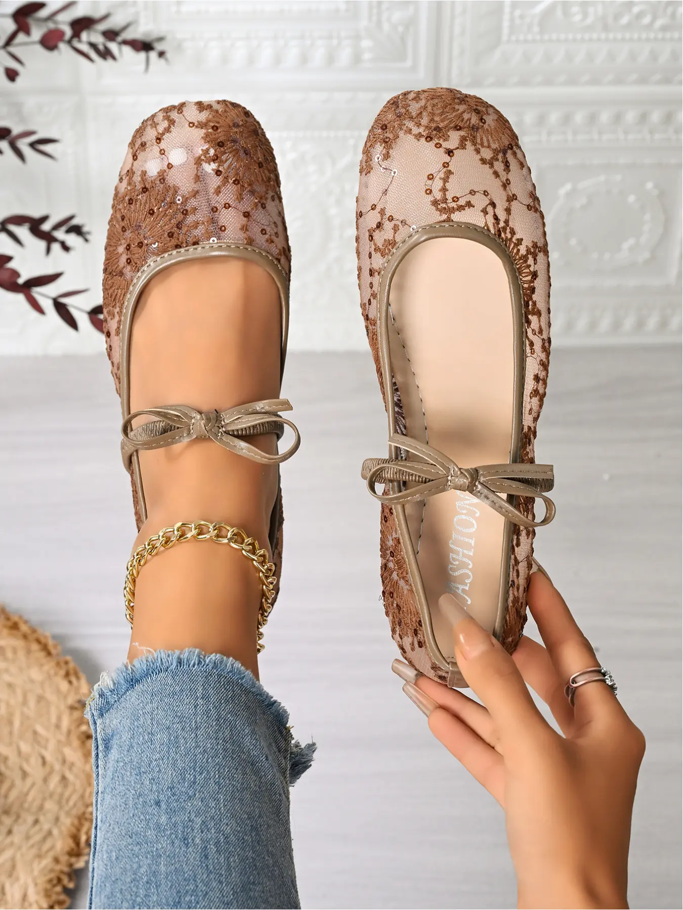 Women's Lace Mesh Mary Jane Flats, Bowknot Ballerina Shoes for Summer, Classic Ballet Flats, Casual Flat Footwear
