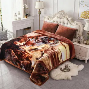 Korean Style Fleece Blanket  Size, 87" x94", 10.5 lbs, Heavy Raschel Fleece  Blanket for Adult, 2 Ply, Silky Plush Soft,Thick, Warm for Fall Winter, A&B Print Tiger & Horse