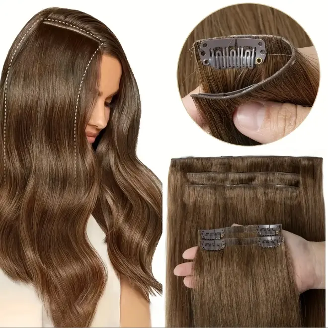 7Pcs Seamless Clip‑In Straight Brazilian Remy Human Hair Extensions, PU No‑Glue Clips, 12‑24 Inch, 110‑120g, Natural Black/Brown/Blonde, Instant Volume & Length, Quick Styling, Versatile Looks, Comfortable All-Day Wear