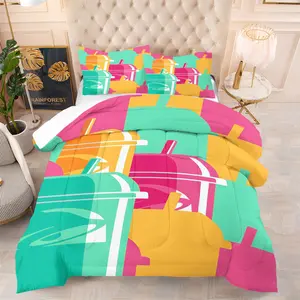 Trendy color block print comforter set, including a comforter and 1/2 pillowcase without core, with high saturation color block, visually full of summer cool feeling, fashionable and warm bedroom decoration, suitable for all seasons