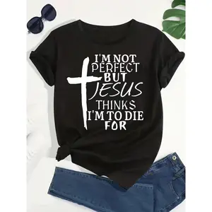 [100% Cotton] Plus Size Short Sleeve Cross & Letter Print T-Shirt, Casual Top For Spring & Summer Women'S Clothing T-Shirt For Men And Women