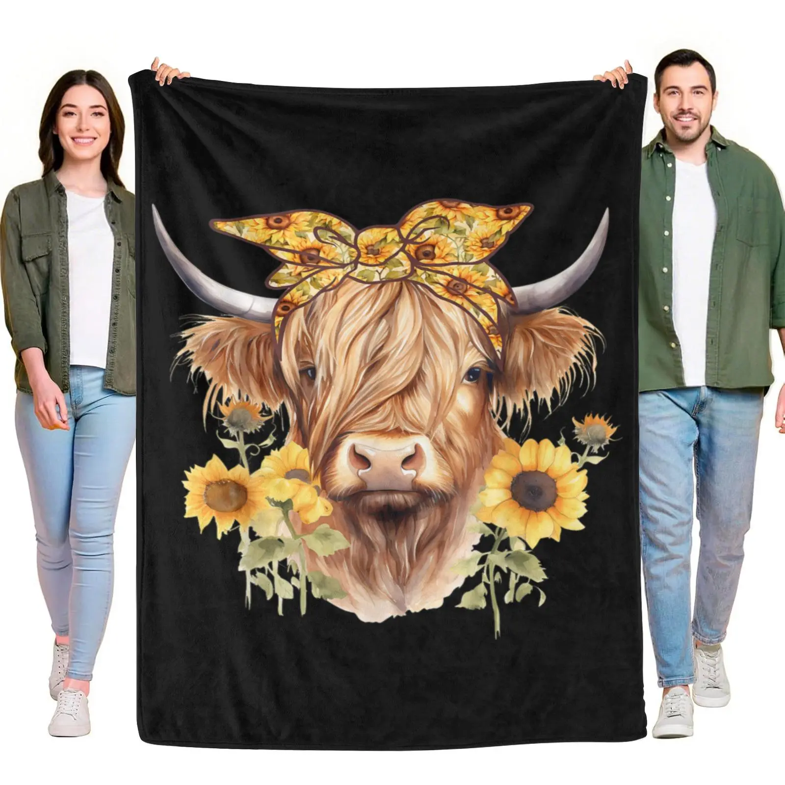 Multi-Size Soft Flannel Warm Blanket with Watercolor Highland Cow, Sunflower Bow & Floral Cow Art - Cute Farm Animal Western Country Decor for Bed Sofa