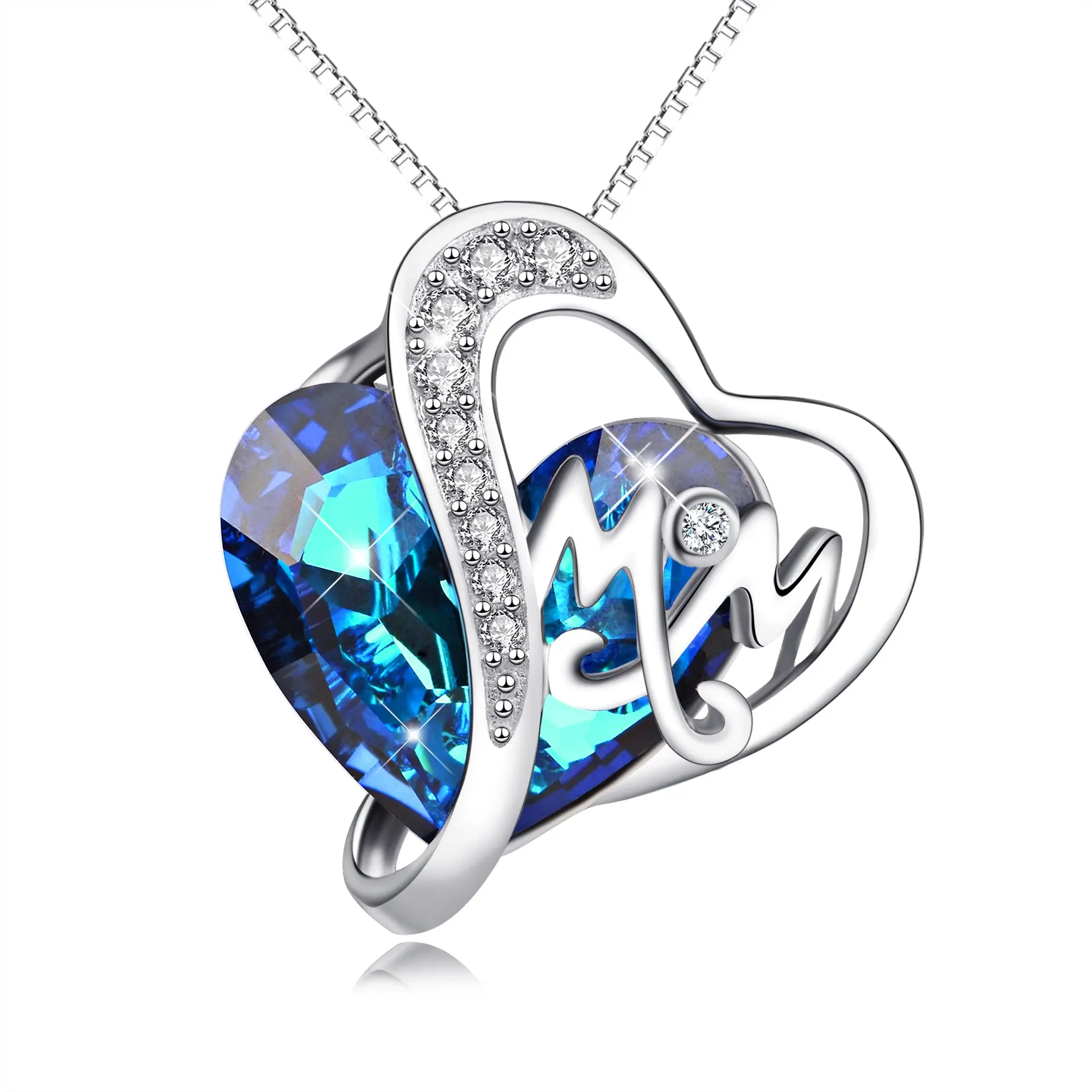 S925 Sterling Silver "MOM" Heart Necklace with Bermuda Blue Crystal from Swarovski, Mother's Day Jewelry Gift for Mom/Wife