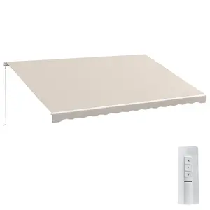 16x10ft Electric Retractable Awning – Cream, Remote Control + Manual Crank. 270gsm PU-Coated Polyester – UV Protection. Aluminum + Steel Frame. For Deck, Balcony or Yard