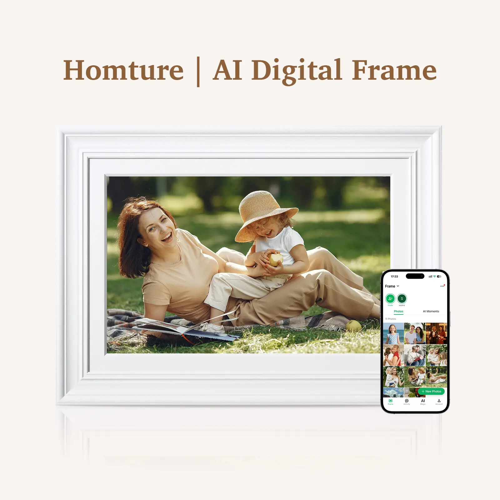 Homture 10.1-inch Classic AI Digital Photo Frame - WiFi-Enabled, with AI Photo Restoration, Family Sharing, and Remote Upload Functionality