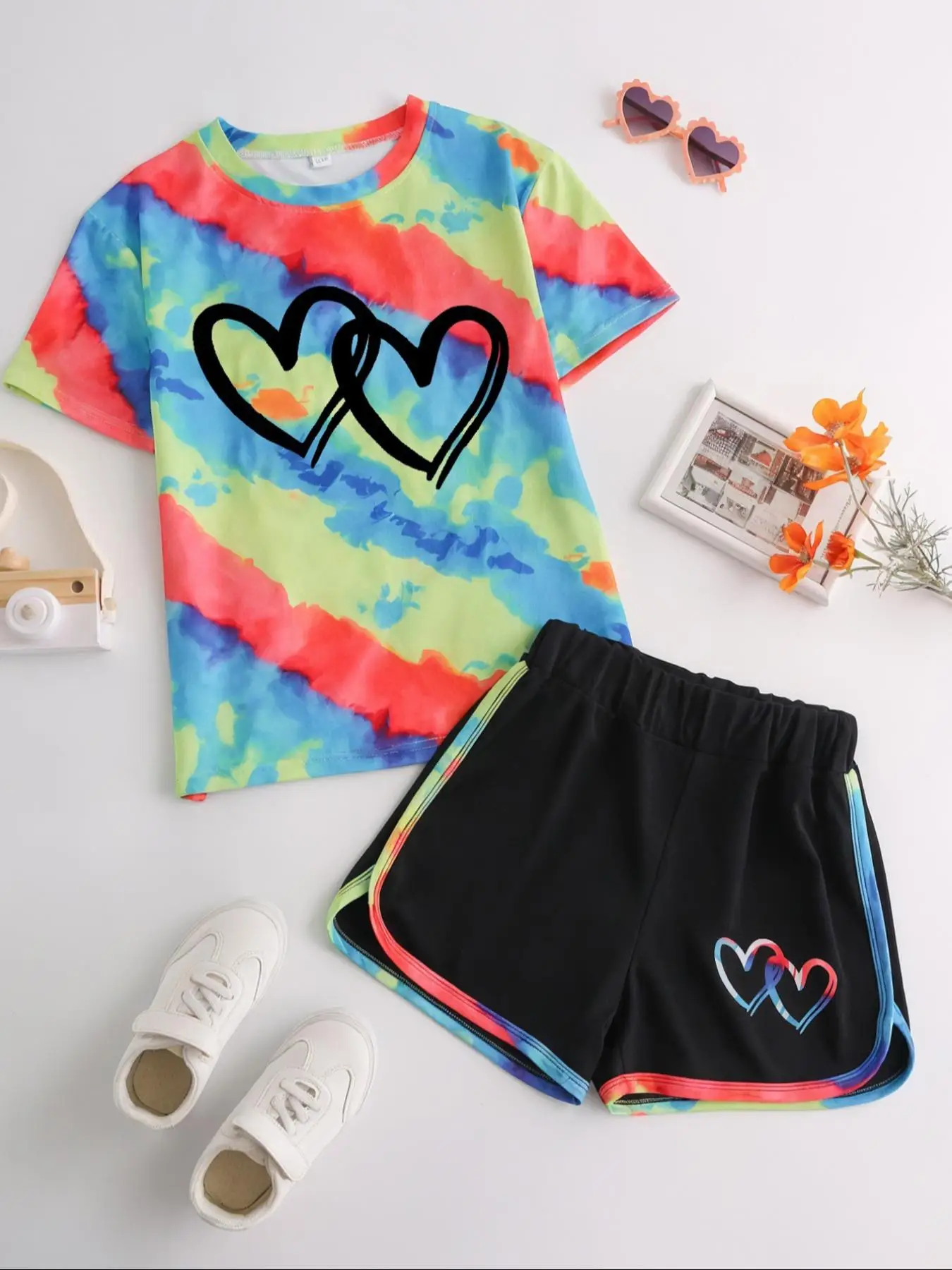 Two-piece Set Girl's Heart Print Tee & Shorts, Casual Round Neck Short Sleeve Top & Shorts for Daily Wear, Kids Summer Clothes