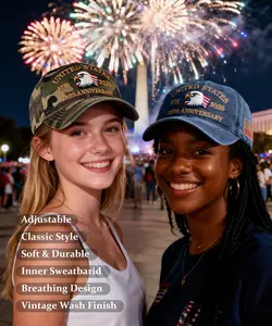 2 Pack USA 250th Anniversary Patriotic Embroidered Baseball Cap 1776-2026, American Eagles Hat-Adjustable Cap for Men&Women (US, Alpha, One Size, Navy Blue+Camouflage)