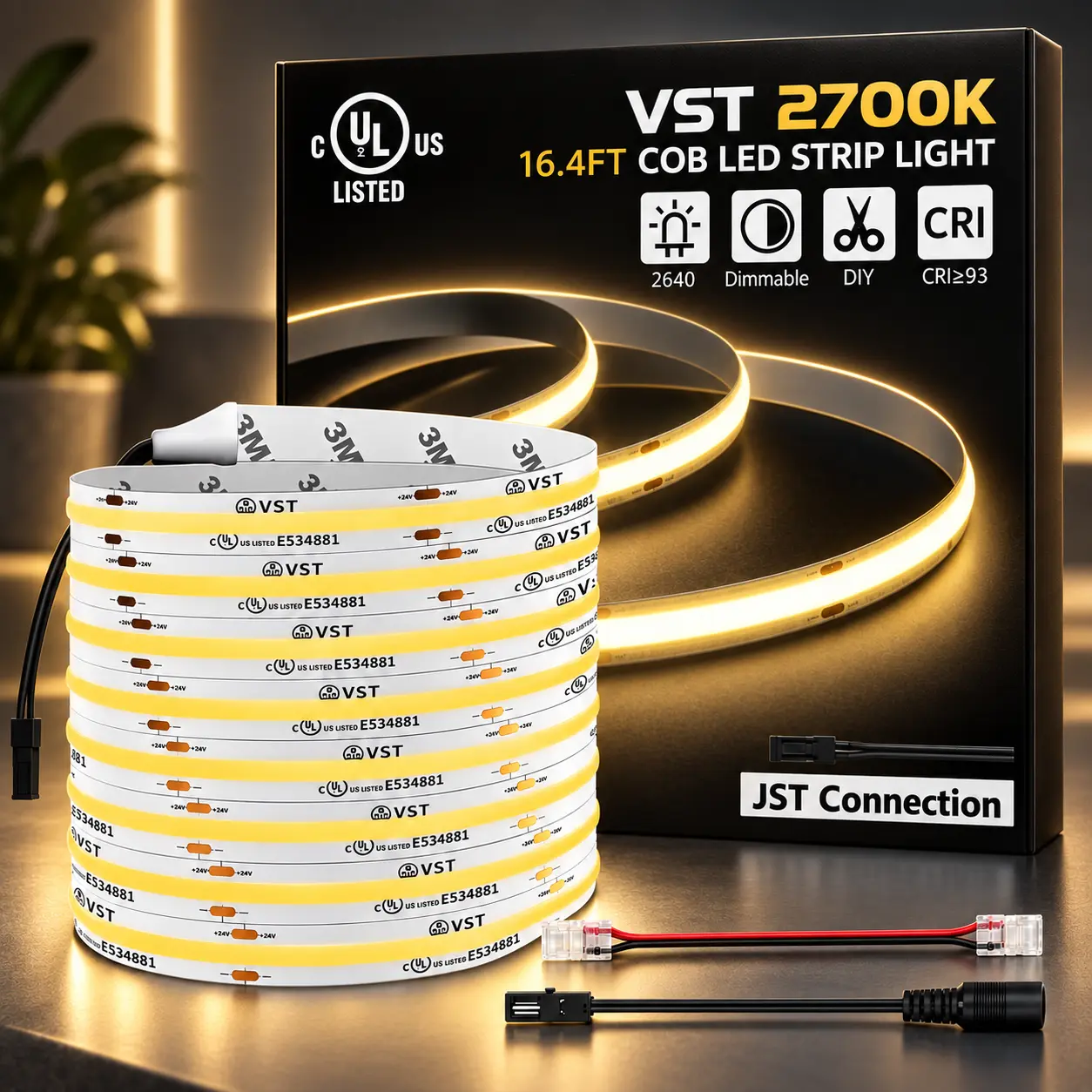 24V Dimmable COB LED Strip Lights, 16.4ft 48W 2640 LEDs, 2700K/4000K/6000K Warm White Ra93+, Cuttable IP30 UL Listed Tape Lighting for Kitchen Cabinets (Power Source Not Included)