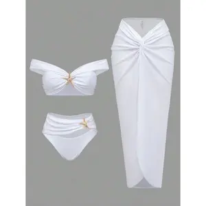 2026 New White Bikini Set For Women - Three Piece Swimsuit, Off Shoulder Bandeau Top, High Waisted Bottom, Sarong Cover Up; Starfish Detail, Summer Beach Swimwear