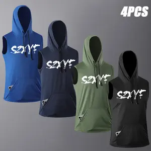 2026 Men's Stylish Solid Sleeveless Hooded Vest Quick-drying Activewear Tank Top For Gym Workout Summer 4pcs Game Day Fan Gear Football Apparel for All Fans