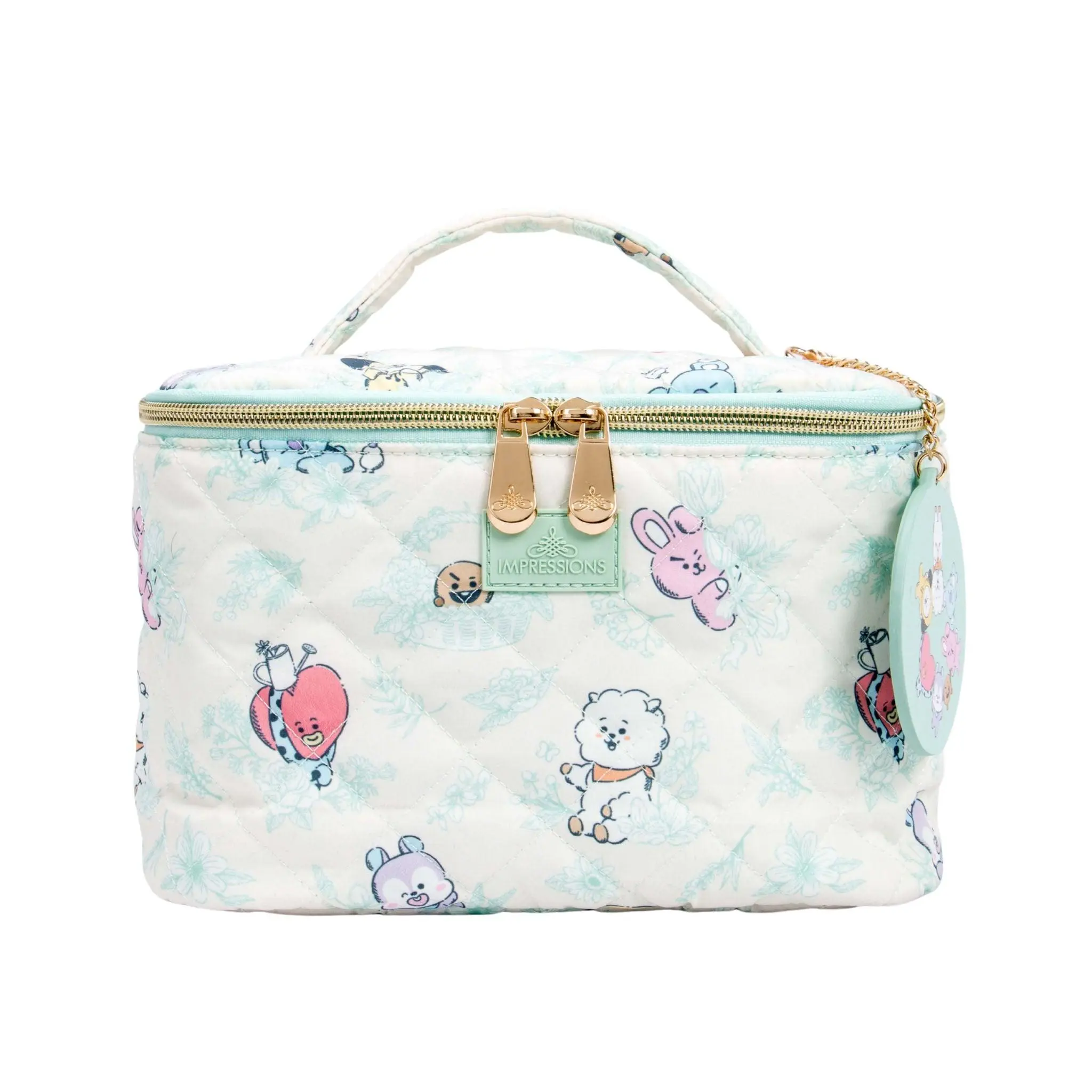 Quilted Polyester Cosmetic Train Case, Large Travel Makeup Organizer Bag with Top Handle, Brush Holders & Removable Mirror Keychain, Beauty Storage Pouch