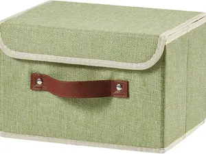 Storage Boxes with Lids, Cotton Linen Fabric Organizer Bins, Decorative Baskets, Foldable, Washable, Faux Leather Handles for Home, Bedroom, Closet