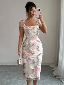 White floral ruffle square neck bodycon midi dress with sheer mesh short sleeves.Semi-sheer mesh design, perfect for dates, afternoon tea, commuting, weddings, banquets and vacations.