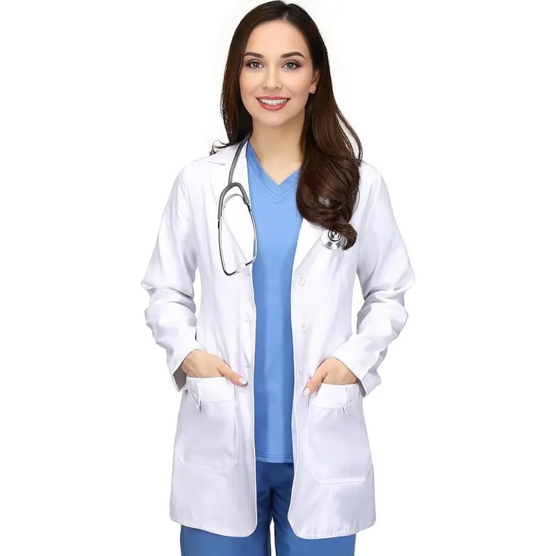 Women's Mid-Length Twist-Free Twill 100% Poly Soft Lab Coat Uniforms - Long Sleeve Professional Workwear Clothes for Women, Collar, 2 Pockets, 2-Button Front Closure, Easy Care, All Seasons Fit, XL Size