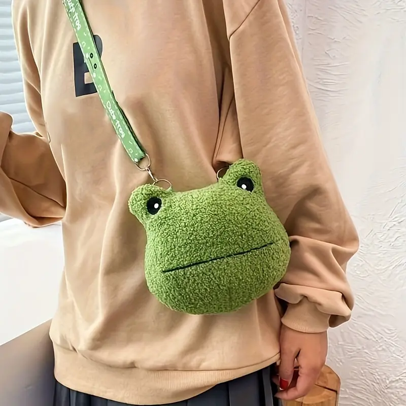 Women's Cute Solid Frog Crossbody Bag - 1pc Soft Polyester Purse with Stuffed Animal Storage, Zipper Closure, Removable Frog Face Keychain, Detachable Strap for Cosplay (Deep Khaki/White/Green)