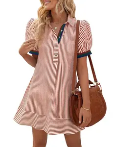 ootd Womens Summer Striped Mini Dresses Puff Short Sleeve Loose Fit Casual Button Collared Shirt Dress with Pockets