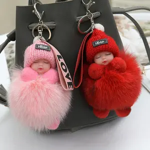 Pompom Sleeping Baby Keychain Cute Fluffy Plush Doll Keyholder Women Girl Bags Keyrings Cars Key Ring  Charming Decoration