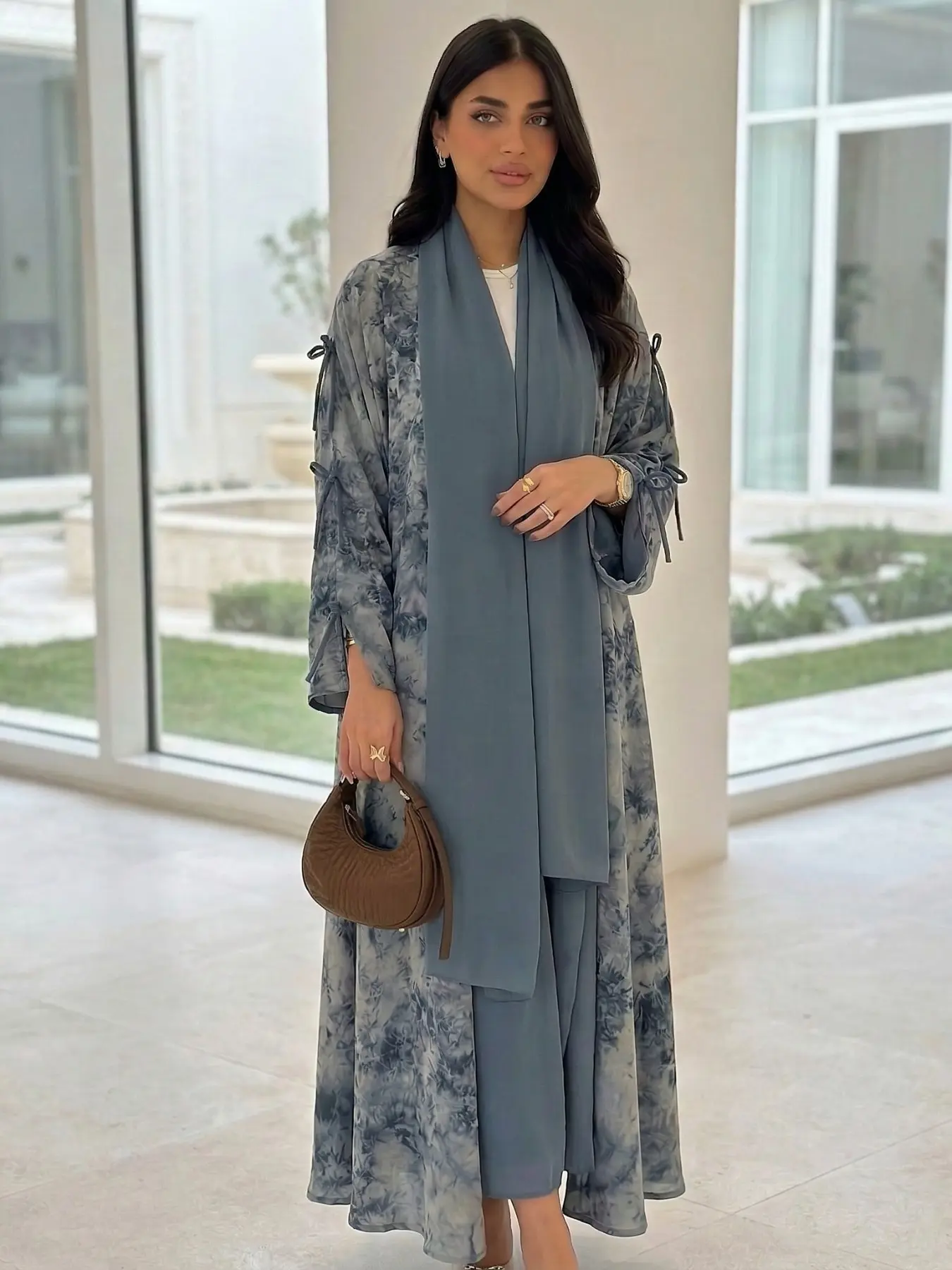 Women's Tie Dye Print Long Sleeve Open Front Abaya, Muslim Arabic Abaya, Elegant Casual Tie Dye Print Long Robe, Women's Islamic Clothing for Daily Wear, Modesty Abaya, Islamic Modesty Clothes, Modest Muslim Outfits
