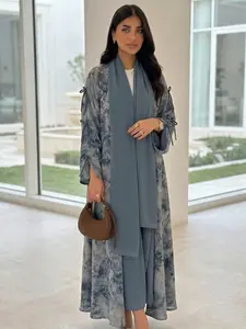 Women's Tie-Dye Print Long Sleeve Open Front Abaya, Elegant Casual Long Robe, Women's Islamic Clothing for Daily Wear, Modesty Abaya Hijab Set, Abayas for Eid, Modest Muslim Outfits, Abaya Dress Set
