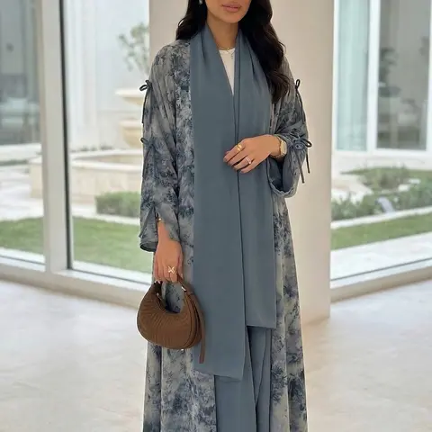 Women's Tie Dye Print Long Sleeve Open Front Abaya, Muslim Arabic Abaya, Elegant Casual Tie Dye Print Long Robe, Women's Islamic Clothing for Daily Wear, Modesty Abaya, Islamic Modesty Clothes, Modest Muslim Outfits