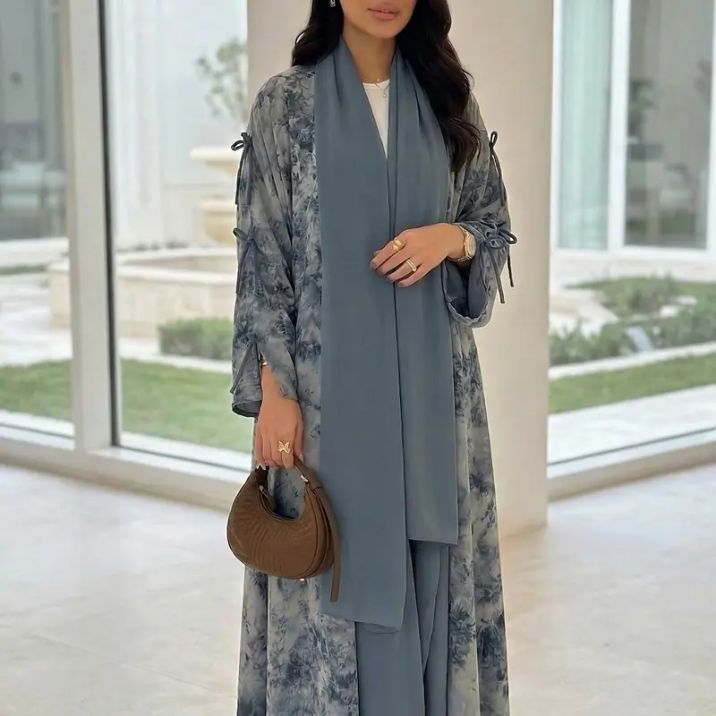Women's Tie Dye Print Long Sleeve Open Front Abaya, Muslim Arabic Abaya, Elegant Casual Tie Dye Print Long Robe, Women's Islamic Clothing for Daily Wear, Modesty Abaya, Islamic Modesty Clothes, Modest Muslim Outfits