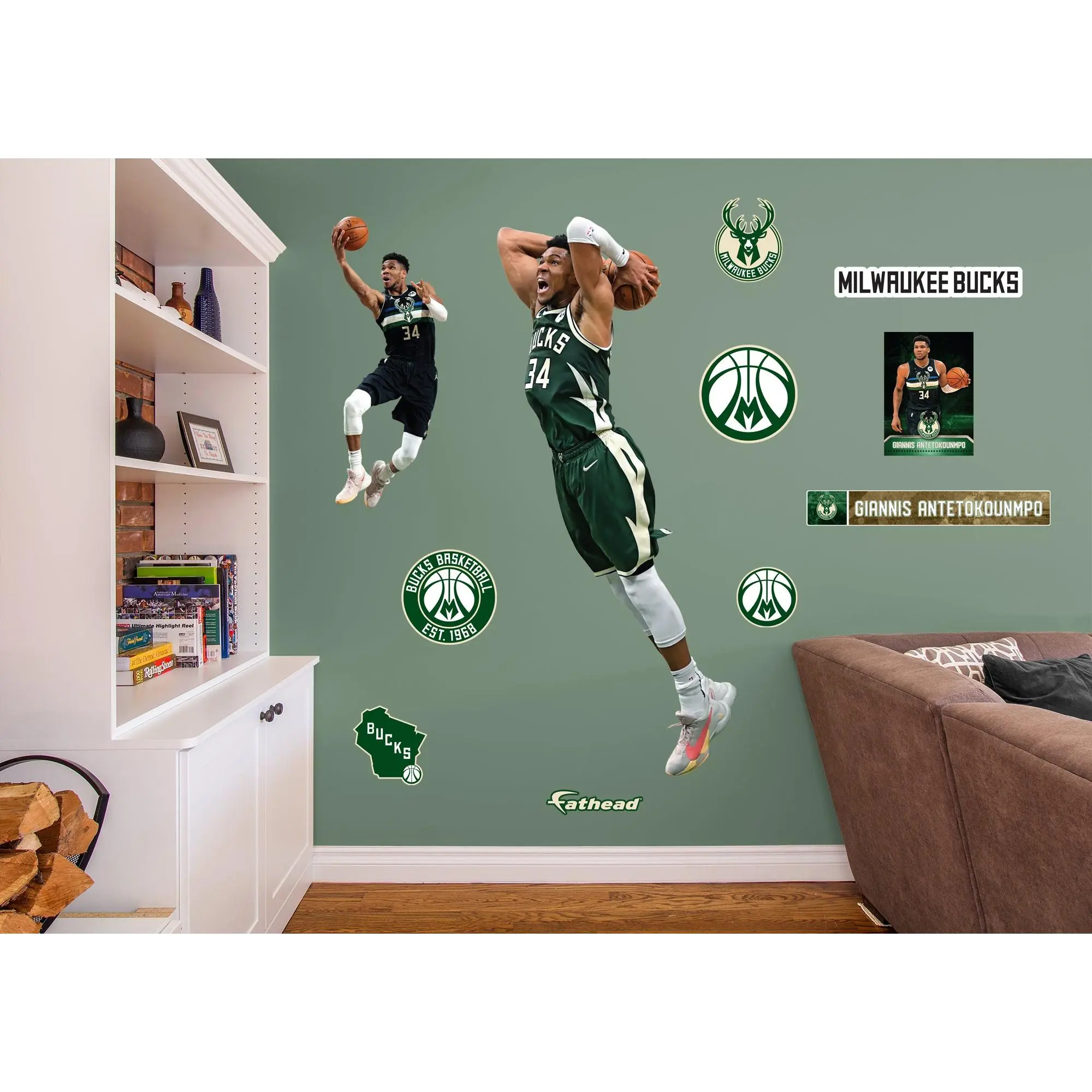 Giannis Antetokounmpo Official NBA Milwaukee Bucks Reusable Vinyl Adhesive Stickers, Team-Themed Peel and Stick Wall Decor